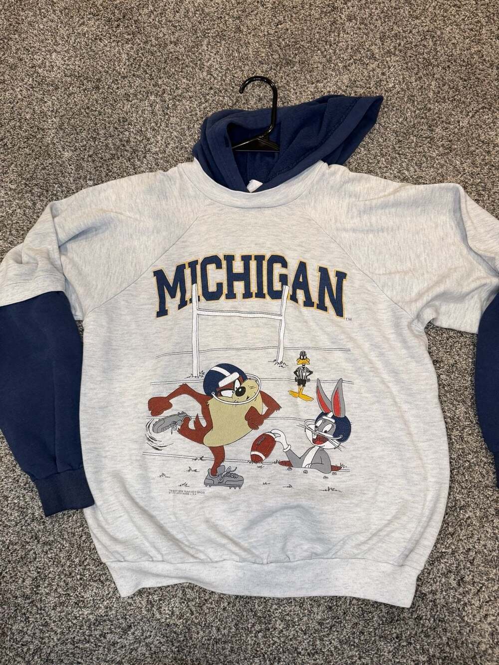 Vintage University Michigan Football Looney Tunes Bugs Bunny Taz Hoodie Rare 90s